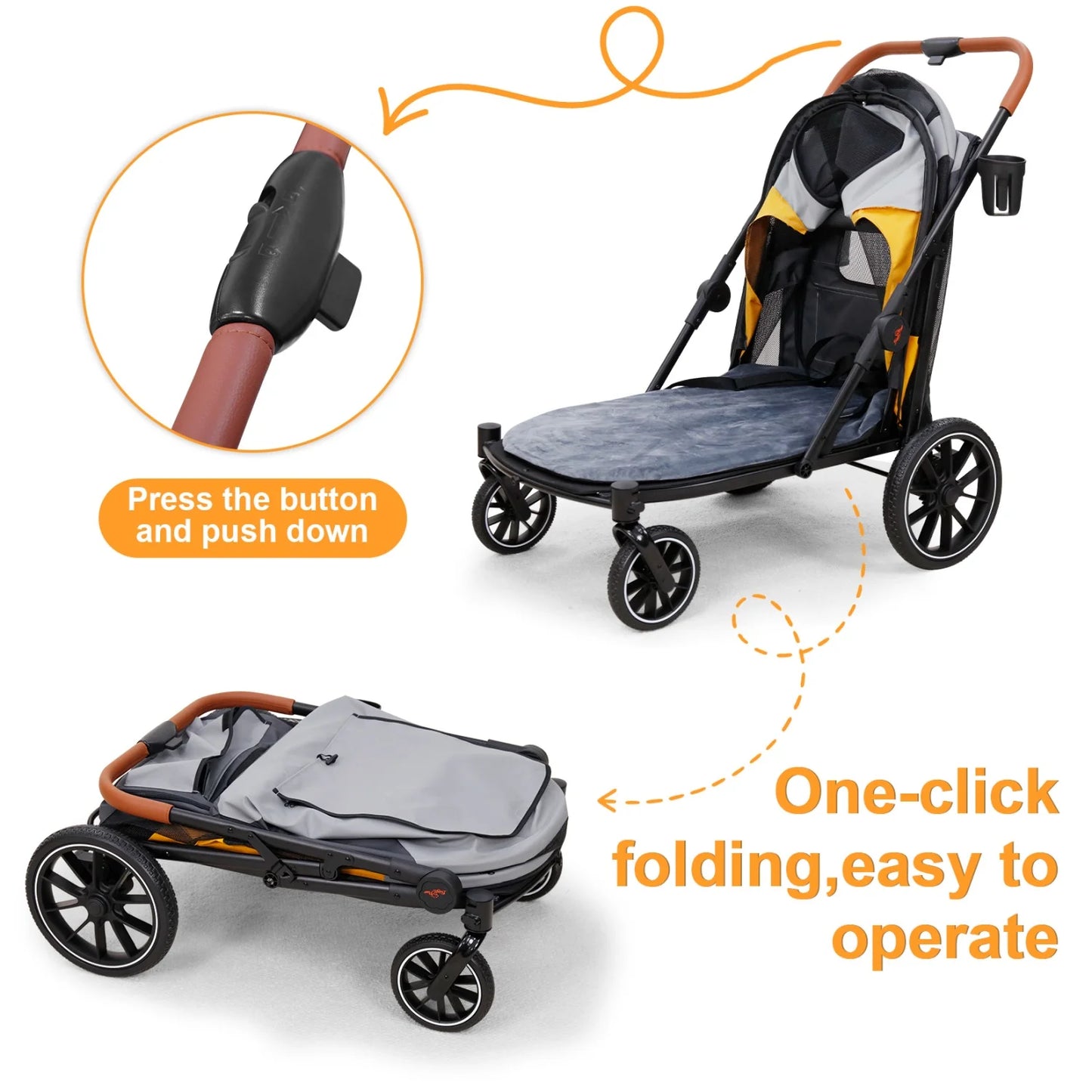 One-Click Folding Dog Stroller for Large Dogs Outdoor Pet Jogger Wagon Stroller Carrier with Storage Pockets 4 Wheels Pet Travel Stroller