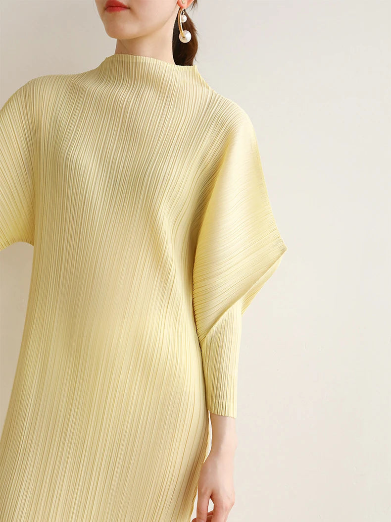 Miyake Pleats Batwing Sleeve Pleated Long Dress Korean High Fashion Causal Elegant Women Designer Clothing