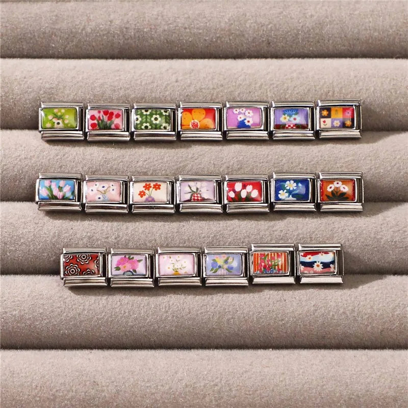 2025 Women's Fashion Colorful Flowers Oil Painting Style Series Italian Charms Fit 9mm Stainless Steel Bracelet DIY Jewelry Gift