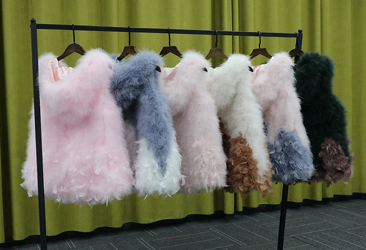 New Turkey feather waistcoat with hat and big swing, medium and long fur coat can be customized
