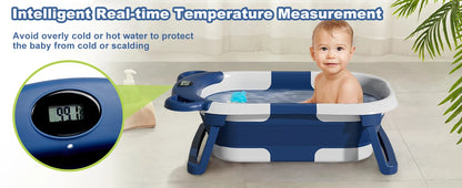 Collapsible Baby Bathtub for Newborn with Thermometer &1Soft Floating Cushion,Portable Travel Bathtub with Drain Hole,Baby Tubs