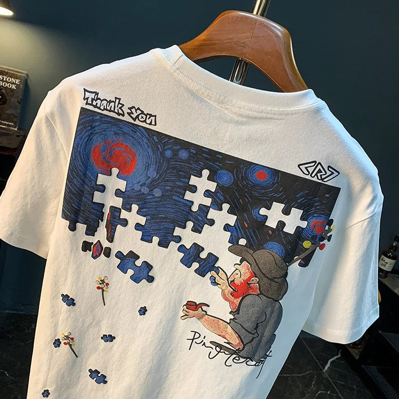 Fashionable men's T-shirt trend abstract artistic print summer loose combed cotton comfortable short sleeved top