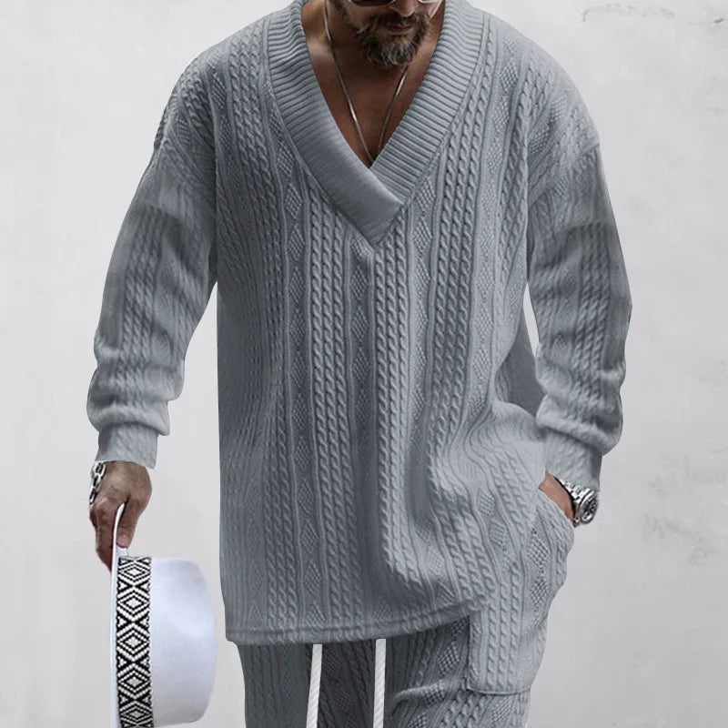 2025 Cross-border New Men's Casual Trousers V-Neck Versatile Jacquard Knitted Sweater Set