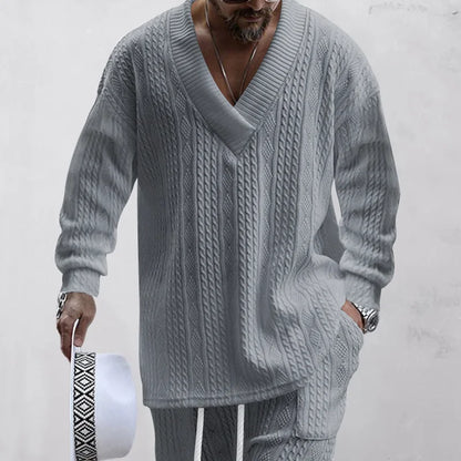 2025 Cross-border New Men's Casual Trousers V-Neck Versatile Jacquard Knitted Sweater Set