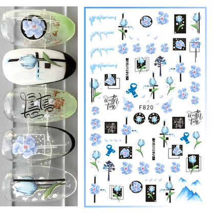 3d Nail Art Decals Watercolor Florals Purple Green Pink Flowers Leafs Fruit Adhesive Sliders Nail Stickers For Manicure