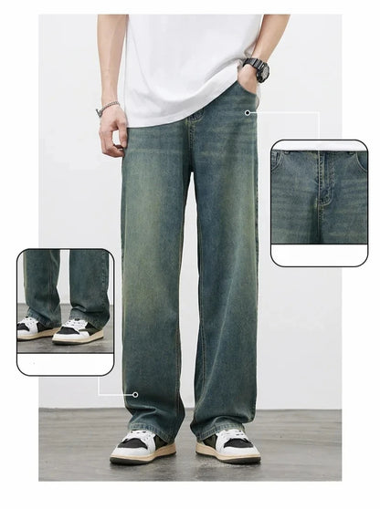 2025Spring Autumn New Men Straight Vintage Fit Jeans Casual Trousers High Quality Male Korean Fashion Baggy Wide Leg Denim Pants