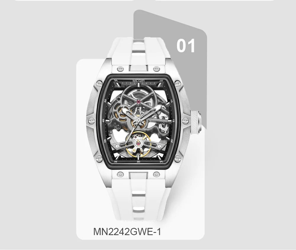 MEGIR Tonneau Skeleton Mechanical Watch Men Sport Wristwatch Silicone Strap Luxury Hollow Dial Male Automatic Mechanical Watches