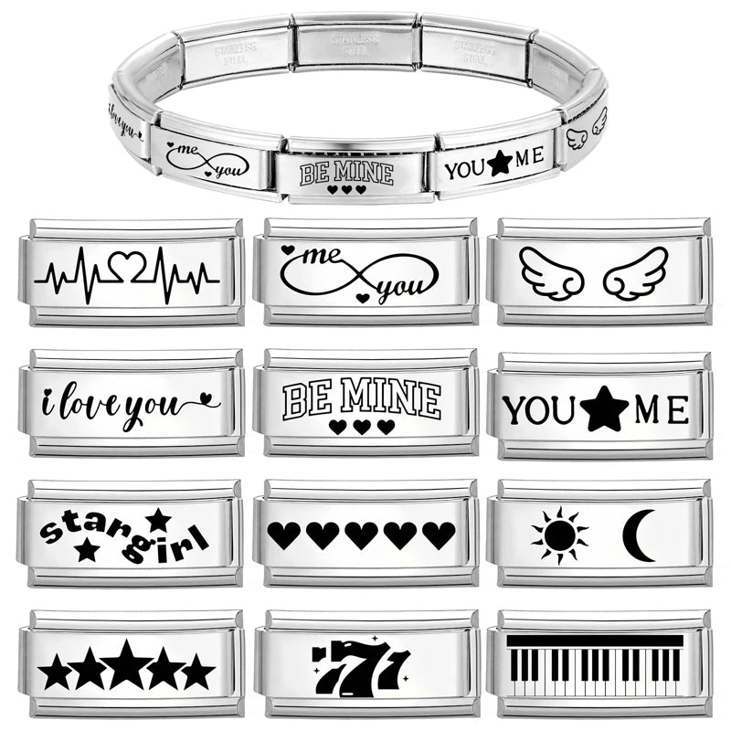 Laser Engraving Piano Heart Star Wings NO.7 Lips Italian Charm Links Fit 9mm Bracelet Stainless Steel Men Women DIY Making Gifts