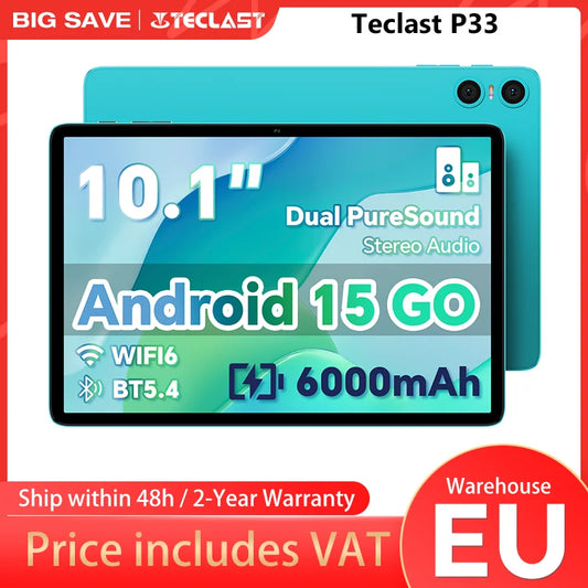 Teclast P33 Android 15 Tablet, 10.1 inches, maximum 9GB RAM, 64GB ROM, for Allwinner A333, 5 cores, 1280x800 IPS, 6000 mAh, type-c