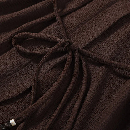 Tie Front Textured Women Set V-Neck Loose Set Wide Sleeve Drawstring Pants Casual Lounge Solid Color 2 Piece Outfits For Daily