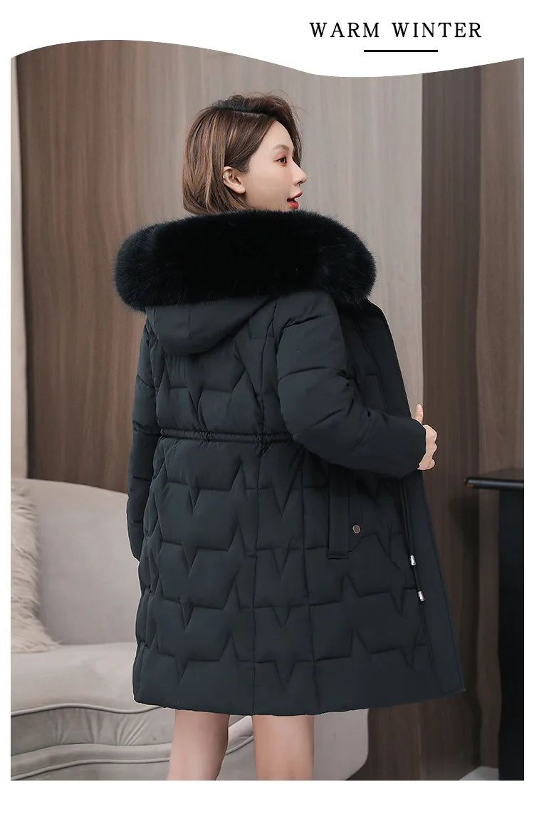 Hooded Women Parkas Coats Mid LenthJackets  Oversize Solid Fur Collar Zipper Drawstring Waist Loose Casual 2025 Autumn Winter