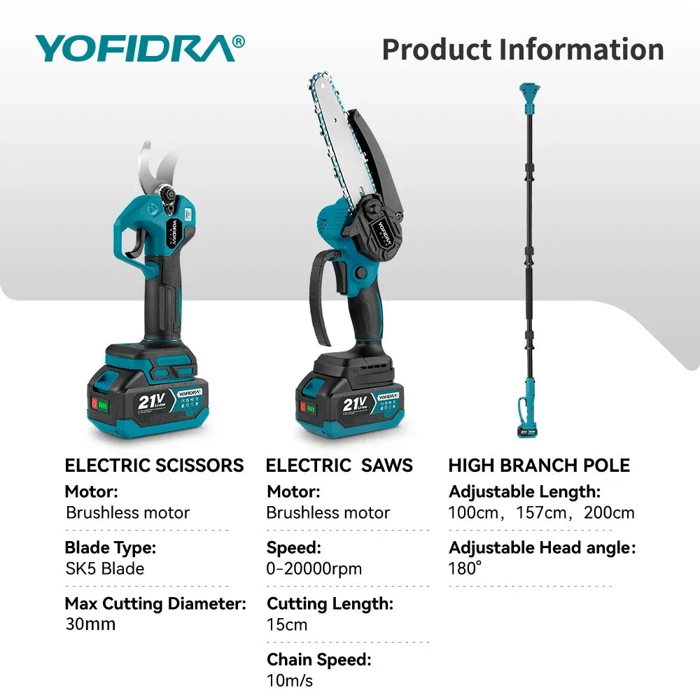 YOFIDRA 3IN1 Brushless Electric Chainsaw Telescoping Pole High Branch Saw Woodworking Pruning Power Tool  Makita 21V Battery Pin