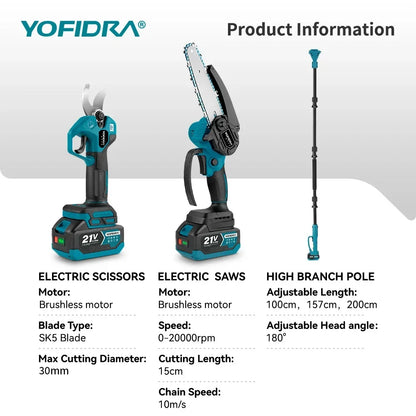 YOFIDRA 3IN1 Brushless Electric Chainsaw Telescoping Pole High Branch Saw Woodworking Pruning Power Tool  Makita 21V Battery Pin