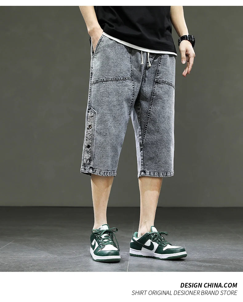 Korean Style Men's Long Shorts 3/4 Length Denim Bermuda Male Big Plus Large Size Jeans Fashion Below Knee Streetwear Loose Baggy