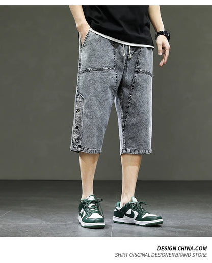 Korean Style Men's Long Shorts 3/4 Length Denim Bermuda Male Big Plus Large Size Jeans Fashion Below Knee Streetwear Loose Baggy