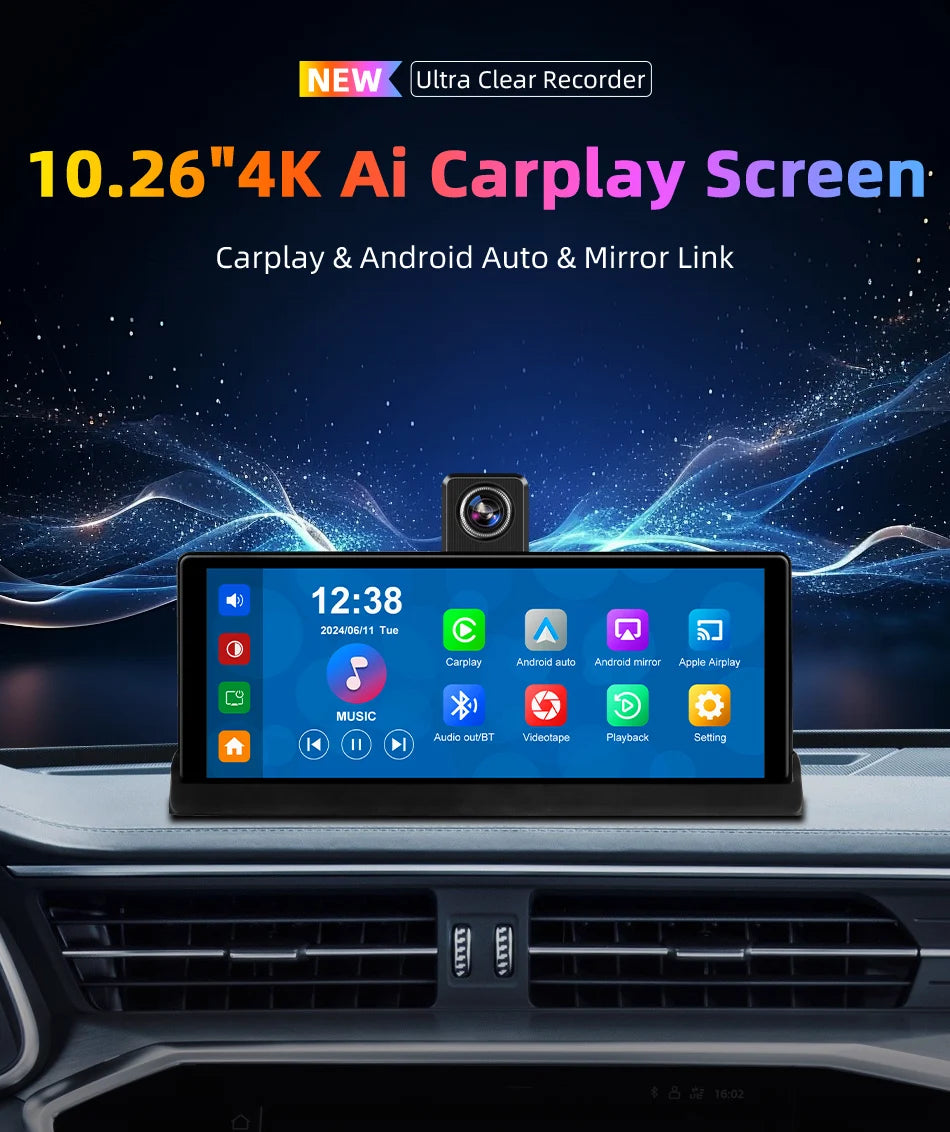 Srnubi 10.26 inch 4K ADAS Car DVR with 360° Rotation Dash Cam Wireless Carplay Android Auto Mirror Link BT WIFI AUX FM Dashboard
