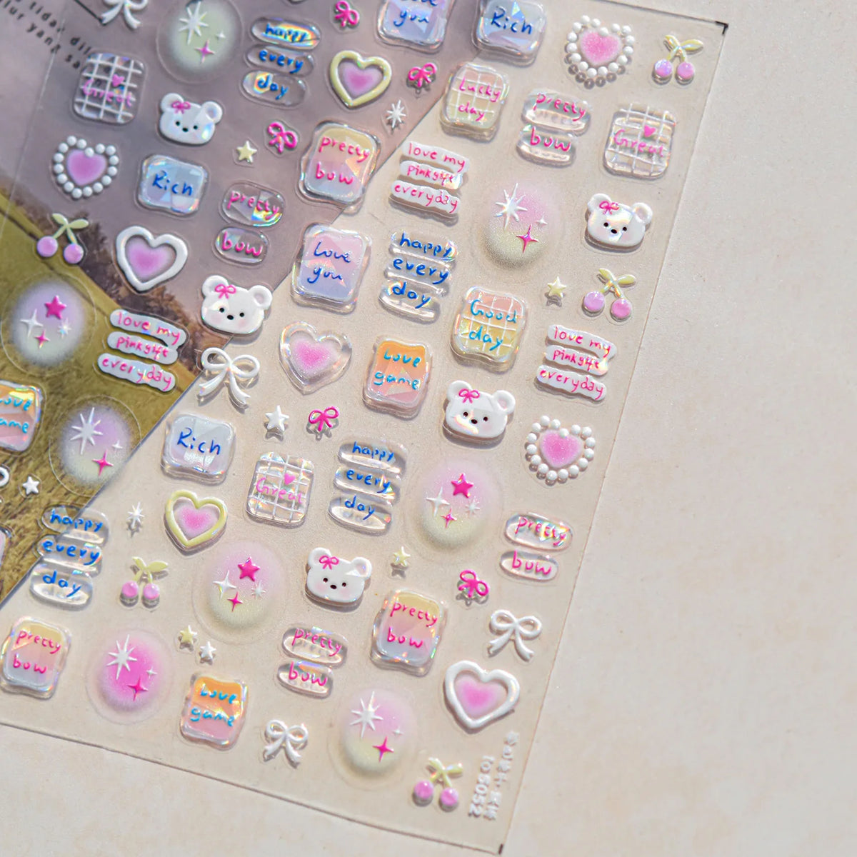 5D Pudding Jelly Dessert Fruit Cherry Pink Claw Print Bowknot Tie knot Love Heart Stars Nail Art Sticker Adhesive Manicure Decal