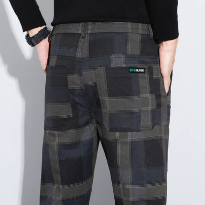 Autumn Winter Luxury Plaid Check Pattern Casual Pants Men Thick Business Elastic Waist Slim Fit Korean Pocket Long Trousers Male