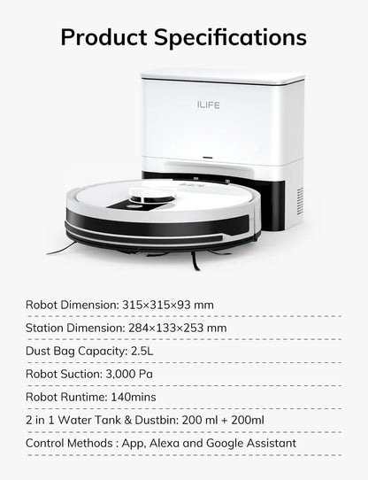 ILIFE A12 Pro Robot Vacuum and Mop Combo, Self Emptying Station for 60 Days, LiDAR Navigation, Home Mapping, No-Go Zones, 2.4G WiFi/App/Alexa/Remote Control, for Hard Floors
