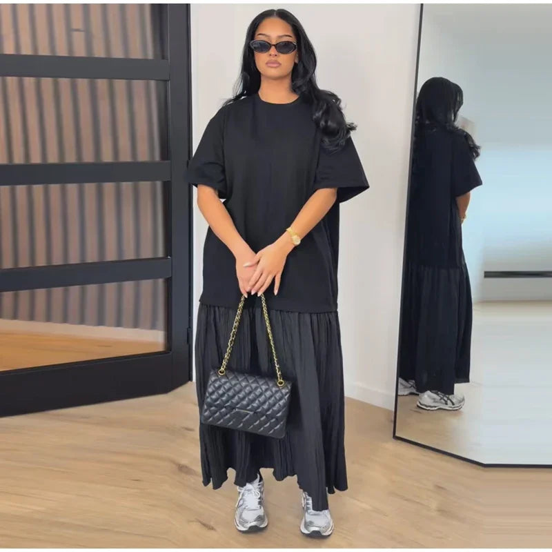 2026 Summer New Loose Patchwork Dresses Women's Pleated Fashion Short Sleeve O-neck Long Robes Female Elegant Casual Dress