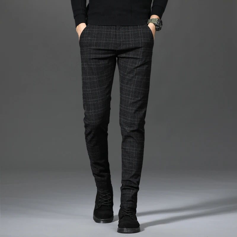 2026 Black Pants Men Plaid Trousers, Spring / Autumn New Fashion Slim Pants Men Gray Stripe Slacks 28-38 Pantalones Hombre
