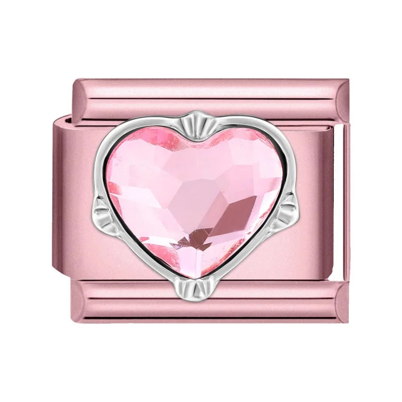 2025 New Women Romantic Pink Cherry Heart Shiny CZ Italian Charm Links Fit 9mm Bracelet Stainless Steel DIY Making Jewelry Gifts