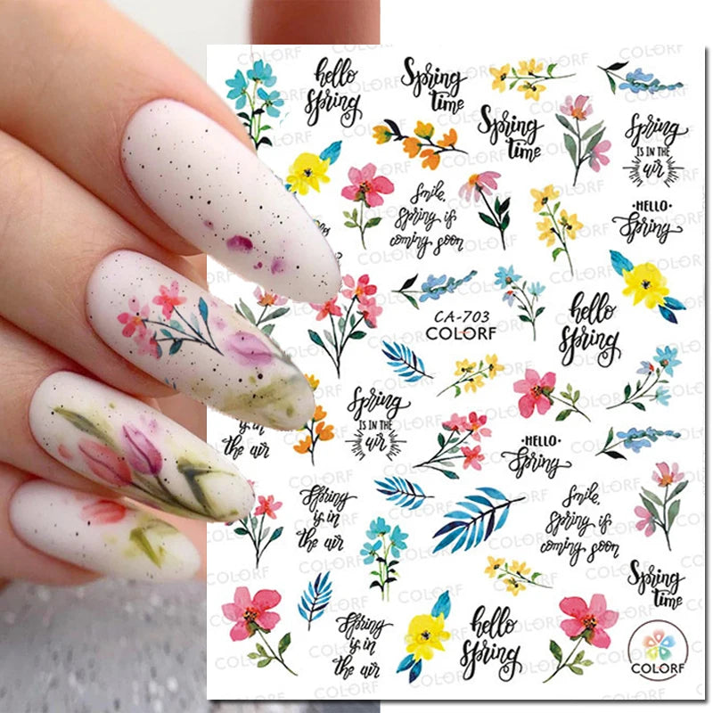 3d Nail Art Decals Watercolor Florals Purple Green Pink Flowers Leafs Fruit Adhesive Sliders Nail Stickers For Manicure