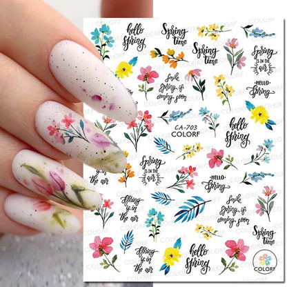 3d Nail Art Decals Watercolor Florals Purple Green Pink Flowers Leafs Fruit Adhesive Sliders Nail Stickers For Manicure