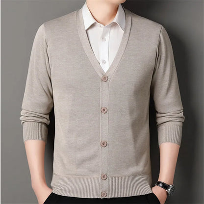 Autumn Winter Men's Casual Knit Cardigan Solid Color Slim Fit Fashion V-Neck Knitted Sweatercoat Men Fleece Warm Sweater Jackets