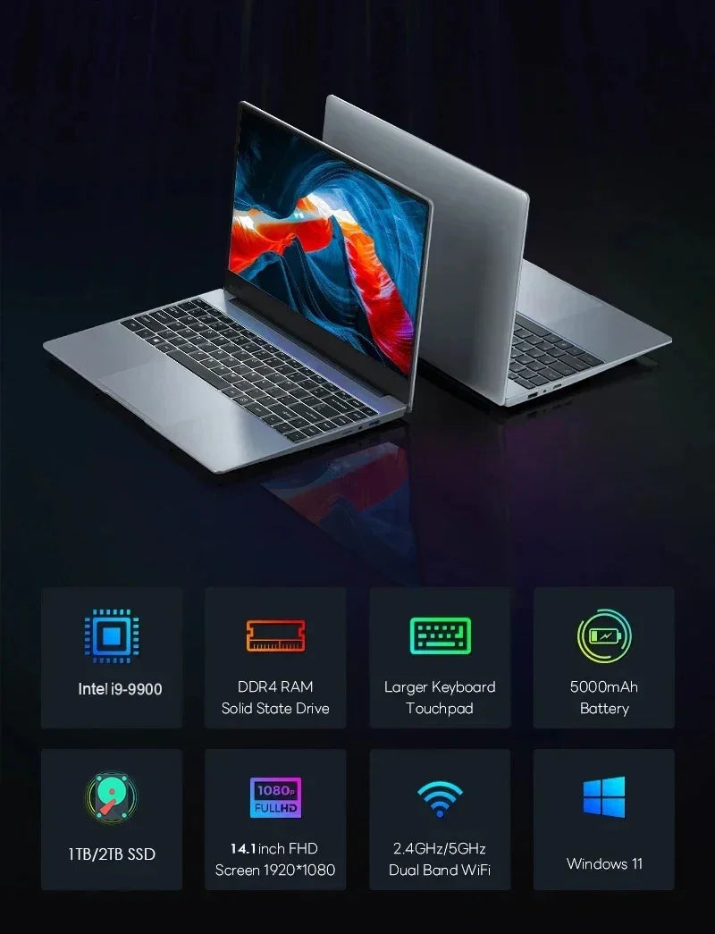 15.6" FHD 1080P Slim Metal Gaming Laptop Intel Core i9-9900 32GB DDR4 RAM 2TB M.2 SSD Windows 11 Pro Fingerprint Unlock Backlit