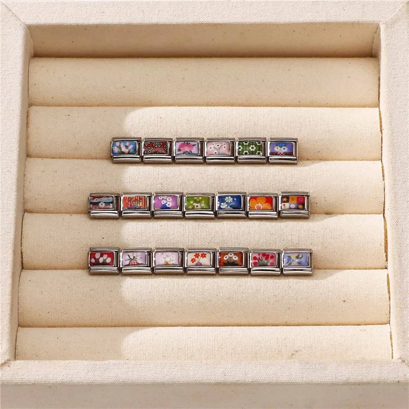 2025 Women's Fashion Colorful Flowers Oil Painting Style Series Italian Charms Fit 9mm Stainless Steel Bracelet DIY Jewelry Gift