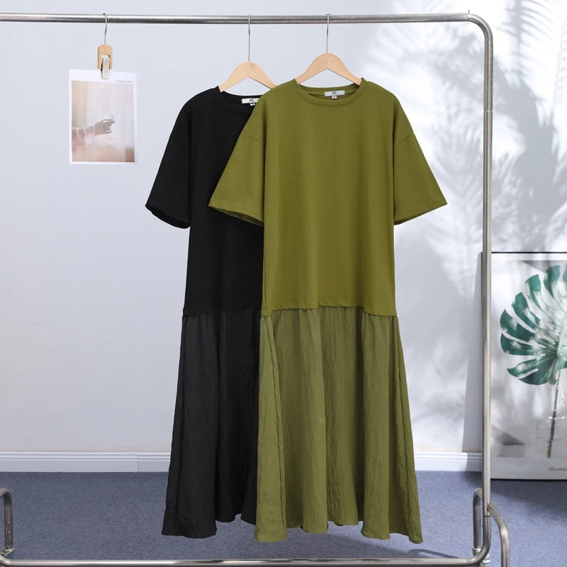 2026 Summer New Loose Patchwork Dresses Women's Pleated Fashion Short Sleeve O-neck Long Robes Female Elegant Casual Dress