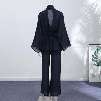 Tie Front Textured Women Set V-Neck Loose Set Wide Sleeve Drawstring Pants Casual Lounge Solid Color 2 Piece Outfits For Daily