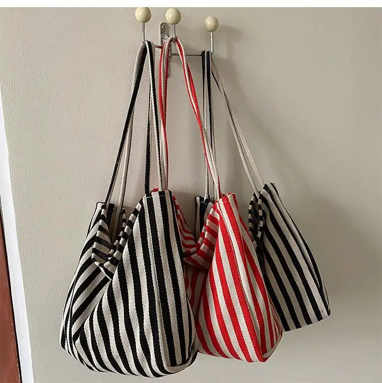 Large Capacity Canvas Women Shopper Tote Simple Striped Shoulder Bag Female Casual Multifunctional Travel Top-handle Handbag