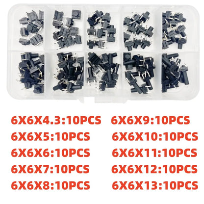 10 Models =100Pcs 6*6 Light Micro Touch Switch Set Push Button Switch Kit Height: 6*6*4.3MM~13MM  DIP SMD 2P/4P 6x6 Keys Tact
