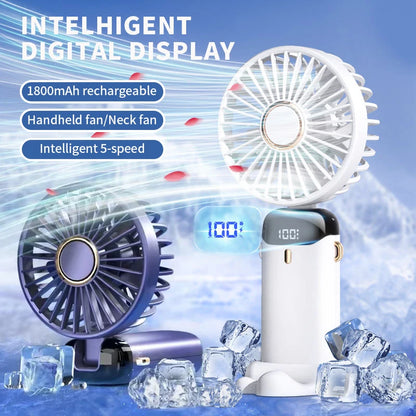Mini Portable Handheld Fan Foldable Neck Hanging Fans 5 Speed USB Rechargeable Fan with Phone Stand and Display Screen 1800mAh