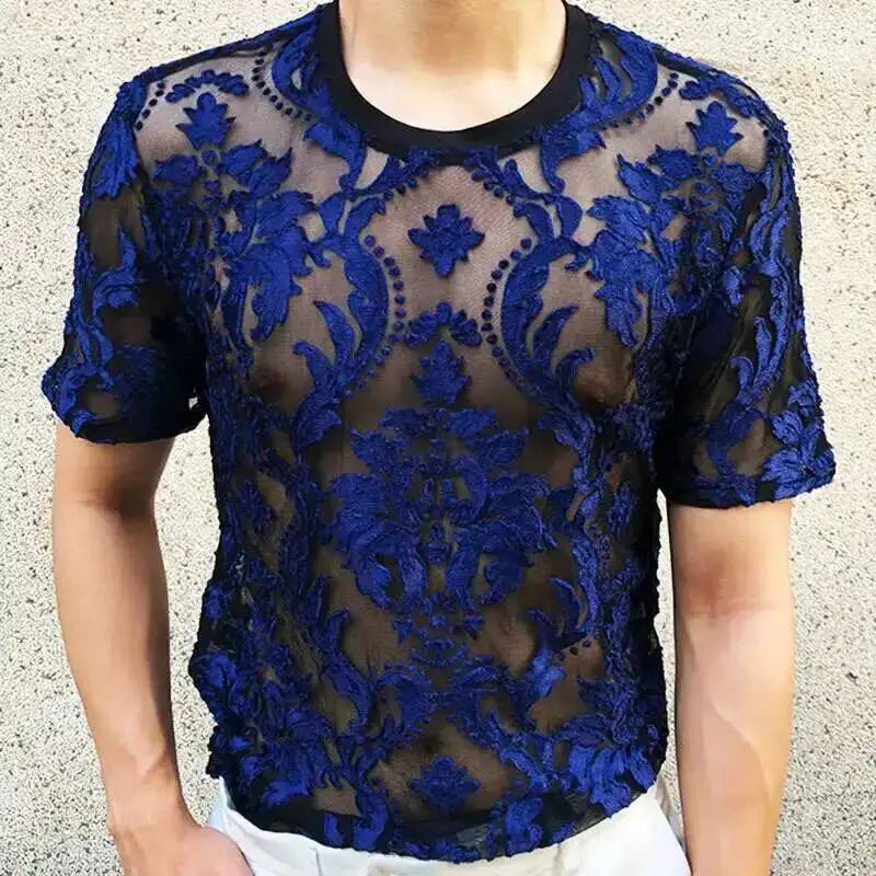 Sexy Round Neck T Shirt Soft Velvet Slim Men Clothing Nightclub Short-sleeved Top Quality Transparent Floral T Shirt See Through