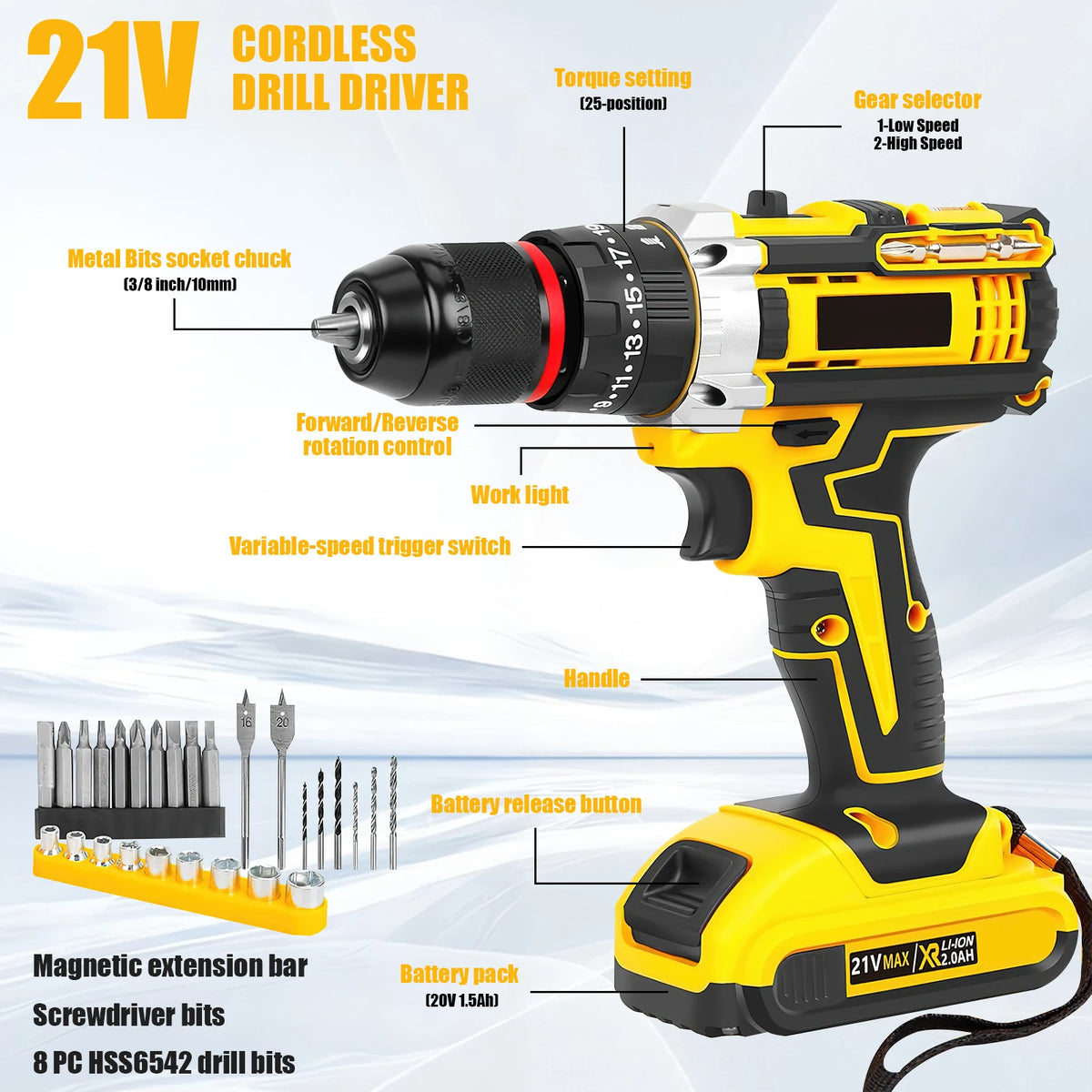 120 piece power tool kit with 21V cordless drill 3/8-inch keyless chuck 25+3 impact clutch maximum torque 45Nm tool kit