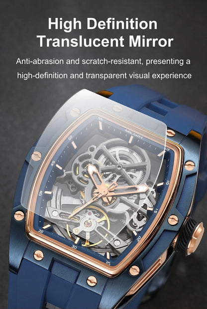MEGIR Tonneau Skeleton Mechanical Watch Men Sport Wristwatch Silicone Strap Luxury Hollow Dial Male Automatic Mechanical Watches