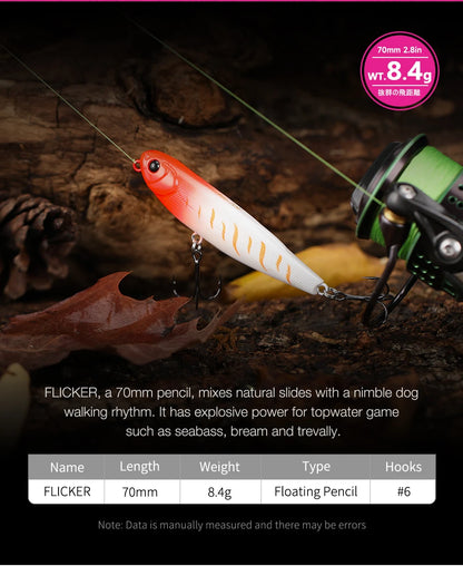 TSURINOYA FLICKER 70F Surface Fishing Lure Z Dog Floating Pencil 70mm 8.4g Chatter Artificial Hard Baits Trout Bass Pike Plug