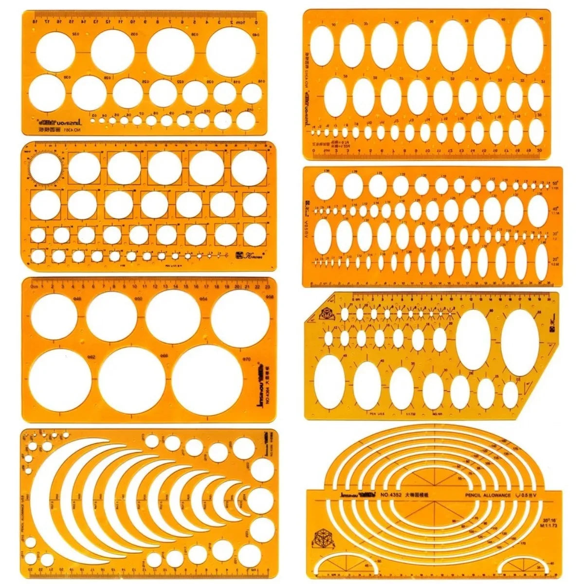 Geometric Drawing Template Set With Measuring Ruler - Yellow Transparent Plastic Tools+Bonus PE Zipper Bag - For Architecture