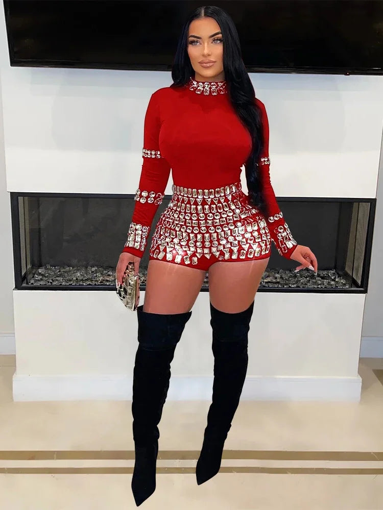 Leosoxs Women Diamonds Hot Rhinestones Long Sleeve Short Jumpsuits 2024 Summer Sexy Party Club One Piece Suit Rompers Playsuits