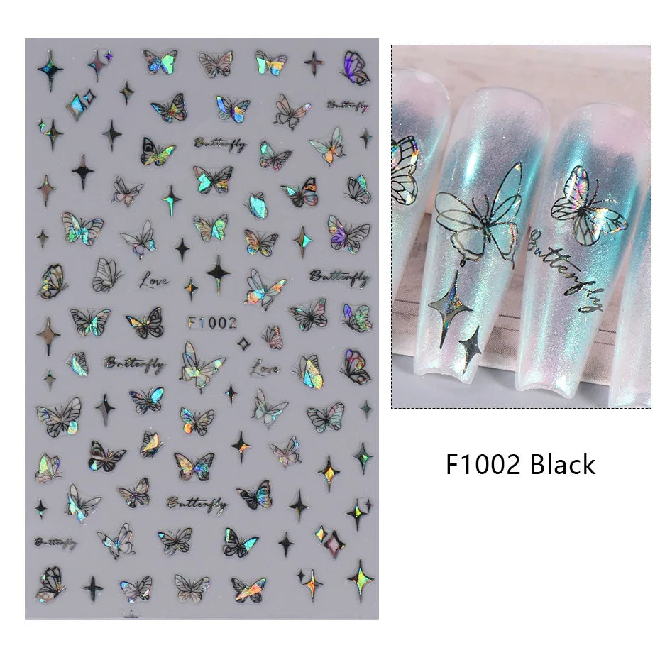 Black and White Love Flowers Line Art 3D Stickers Nail Decals Nail Art Accessories Butterfly Rose Nail Stickers Nail Sliders