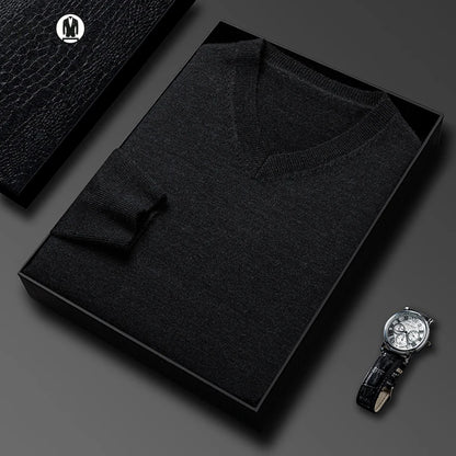 Men's V-Neck Basic Solid Color Sweatshirt Warm Autumn Knitted Oversize Pullover Elastic round Neck Sweater for Casual Wear