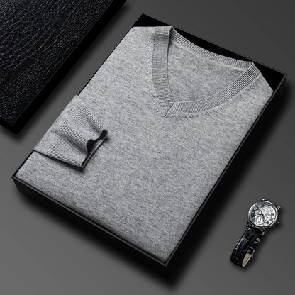 Men's V-Neck Basic Solid Color Sweatshirt Warm Autumn Knitted Oversize Pullover Elastic round Neck Sweater for Casual Wear