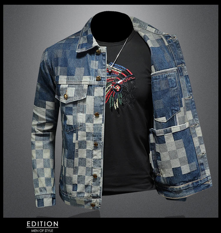 2025 Autumn Vintage Checkered Denim Jacket for Men Flip Collar Single Breasted Casual Business Jacket Social Street Wear Jeans