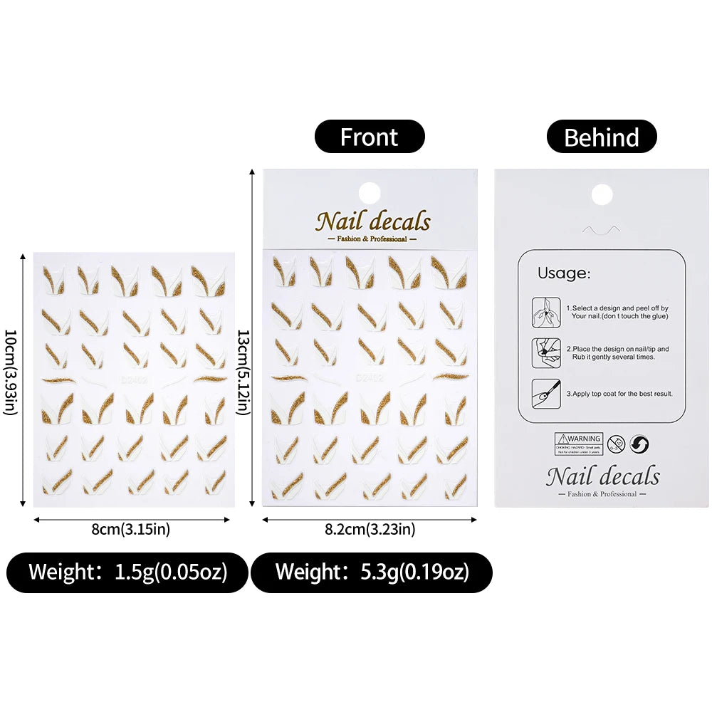 1pcs Gold Glitter French Design Nail Stickers White Silver Curve Lines Stripe Wave Nail Decals Slider Reflective Manicure Wraps