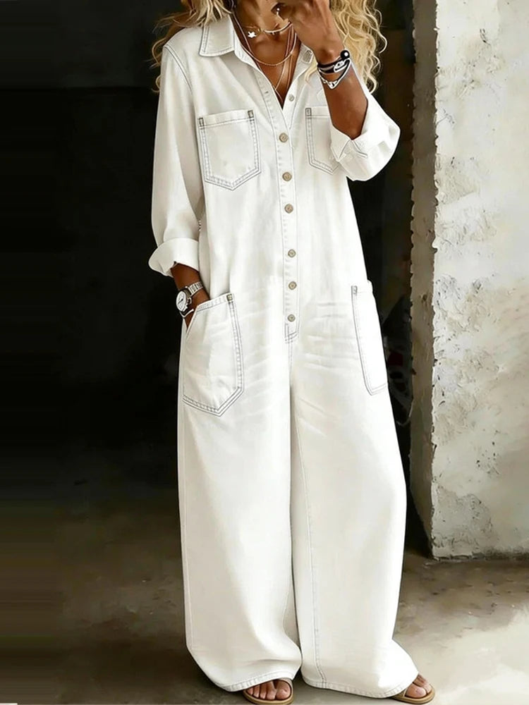 Casual Lapel Button Commute High Waist Romper Spring Summer Lady Playsuits Overalls Vintage Denim Long Sleeve Wide Leg Jumpsuits
