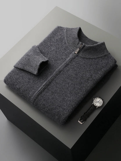 100% Merino Wool Two-piece Suit for Men Autumn Winter Knitting Zipper Cardigan and Slim-fit Pants Warm Thickened Clothing Sets