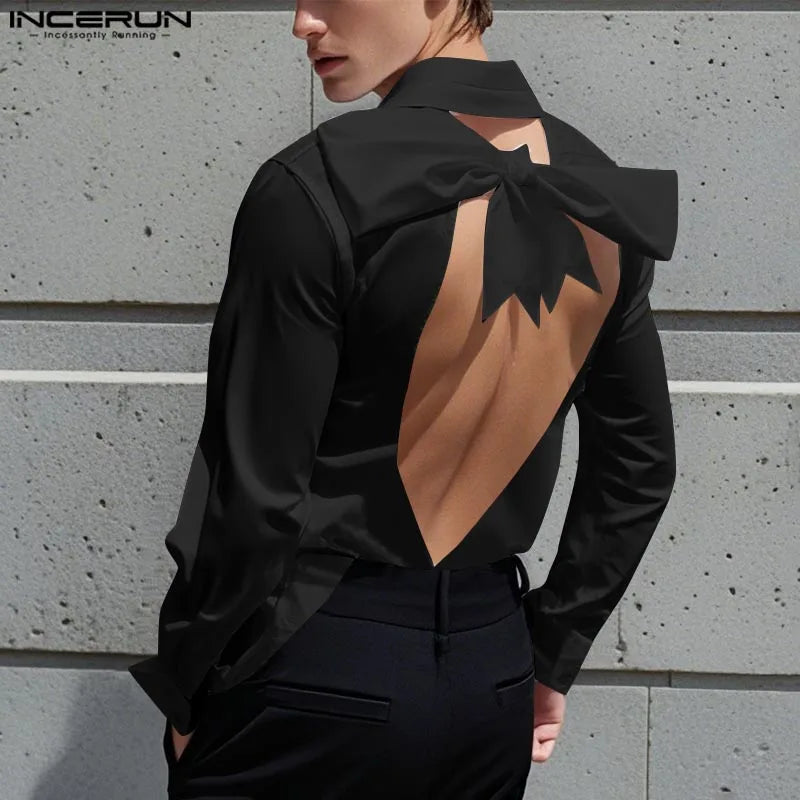 INCERUN Fashion New Men's Tops Backless Bow Design Shirt Sexy Casual Male Solid Comfortable Long Sleeved Lapel Blouse S-5XL 2025